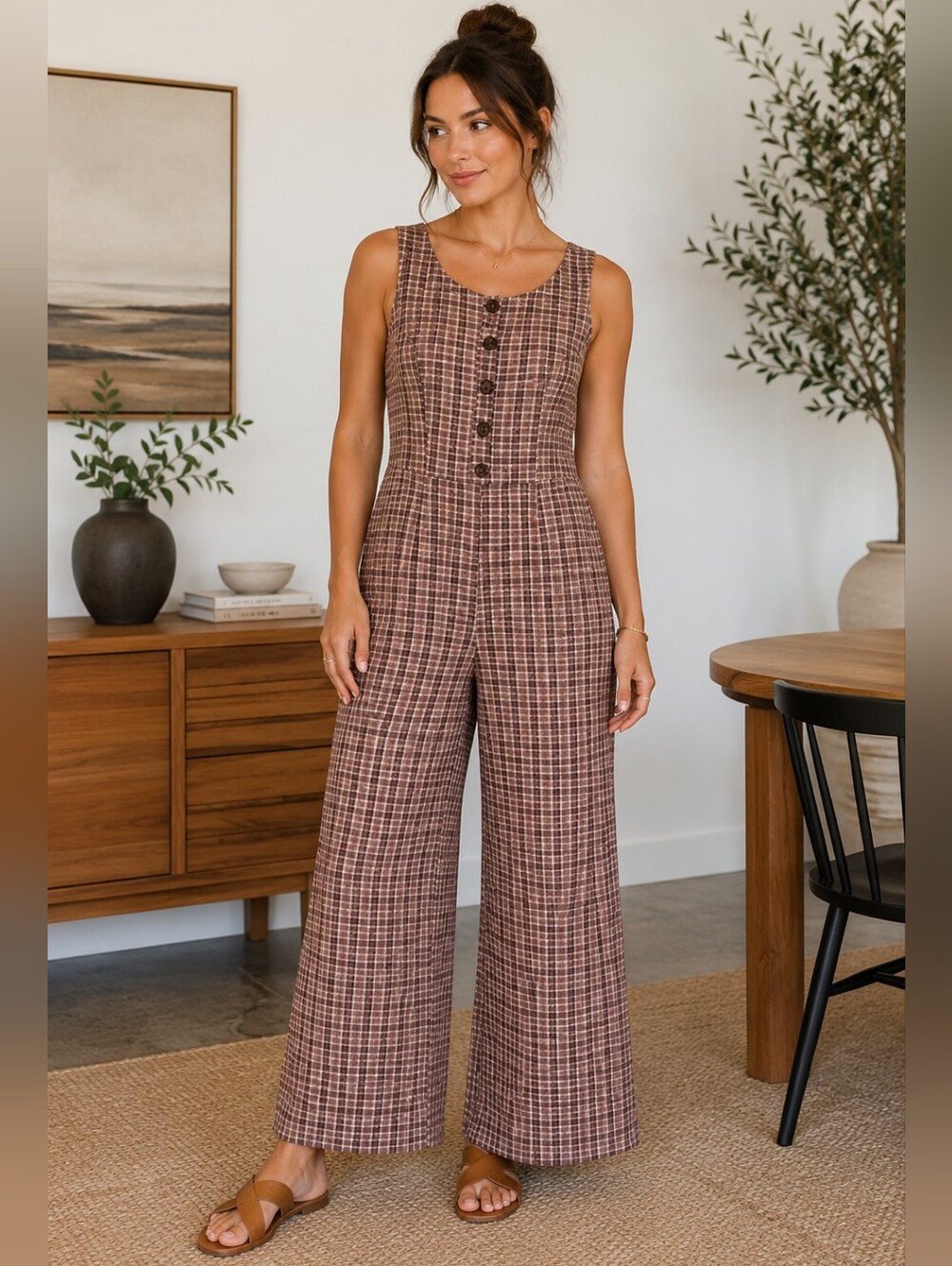 Sleeveless Checked Wide-Leg Jumpsuit in‎ Brown Plaid